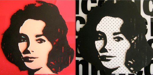 Liz Taylor Artbydorfs spin on a Warhol classic. Perspex, masonite. epoxy, wood, enamel paint composite assemblage